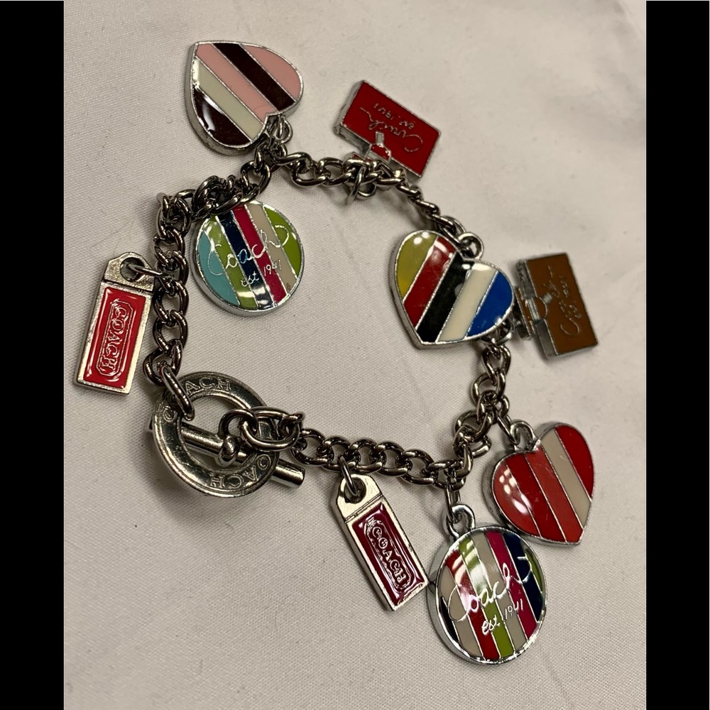 Coach Hearts charm bracelet in silver tone with vibrant, colorful charms.
